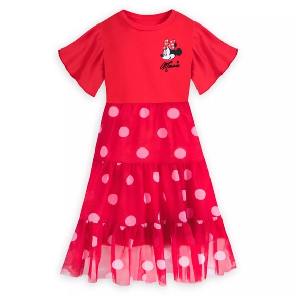 Disney Girls Red Minnie Mouse Dress with White Polka Dot Tulle Skirt –Size Small - Picture 1 of 4